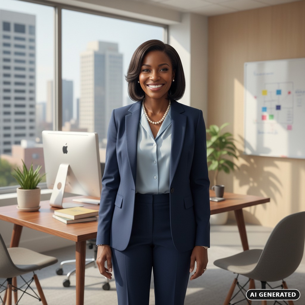 AI Generated: A smiling professional woman in a navy blue suit stands in a bright, modern office with a city skyline visible through the window.